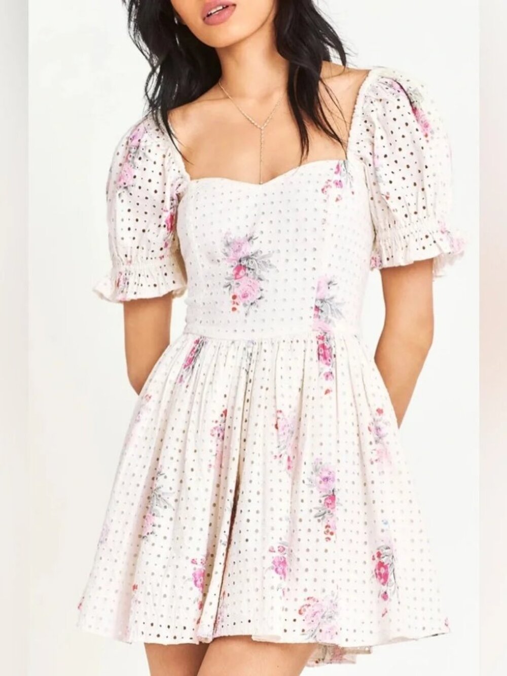 Womens LoveShackFancy Altima White Pink (Item-16) Eyelet Floral Mini Dress XS